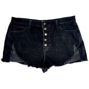 SO 18/36W Women's High Rise Distressed Black Shorts -Stylish Button Fly- Raw Hem